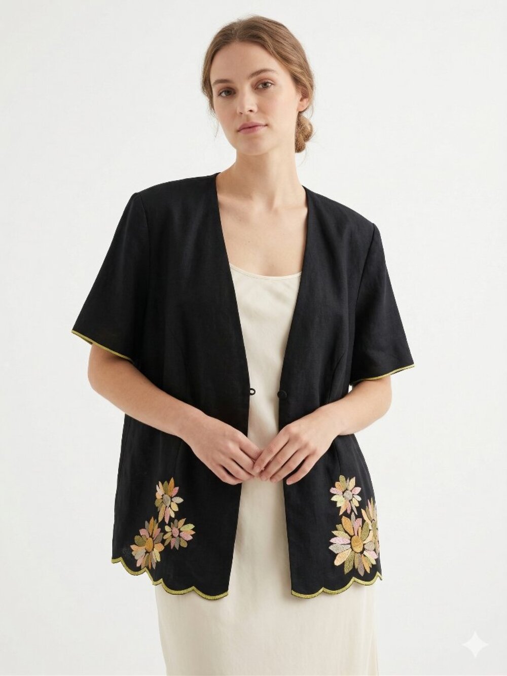 Jessica Howard Jacket Black Linen Embroidered Floral Minimalist Short Sleeve 16